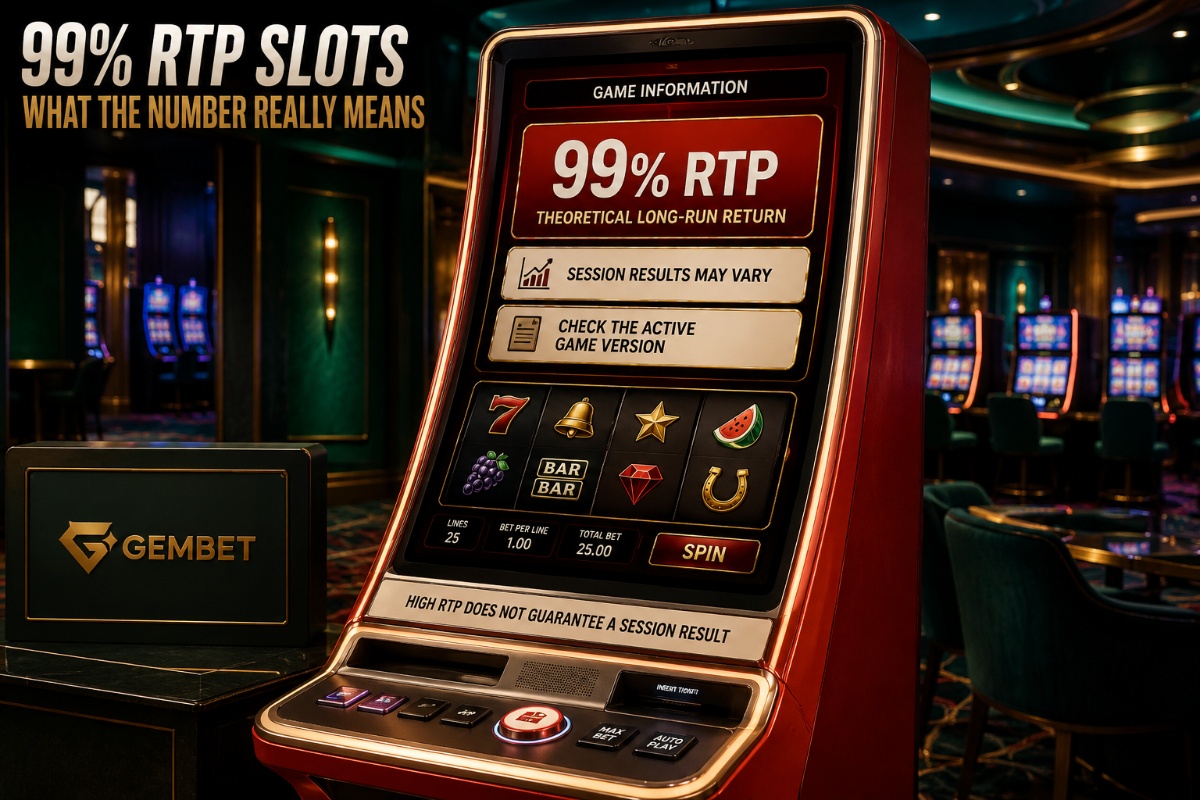 99% RTP slots explained through a clearly visible modern slot machine and long-term return display