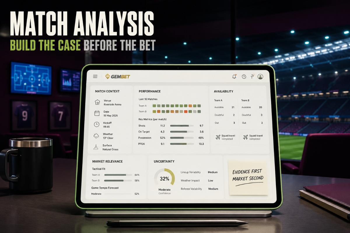Match analysis routine covering event context, performance, team news, market selection and bet-slip review