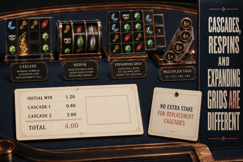 How Cascading Reels Slots Turn One Spin Into Multiple Wins Cascading reels slots compared with respins expanding grids and multiplier trails