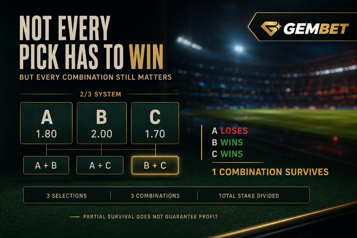 System bets on Gembet showing 2 of 3 combinations stake distribution and surviving selections