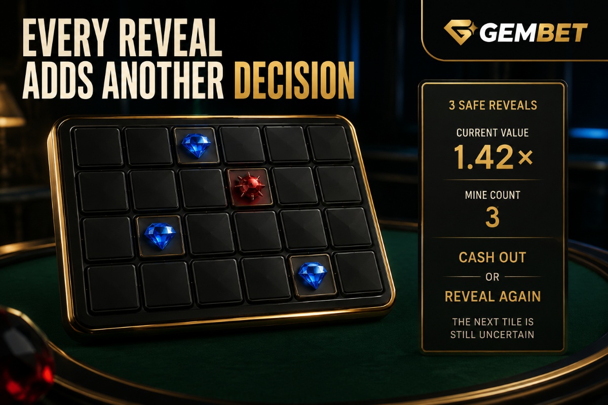 Mines game on Gembet showing hidden mines safe tiles multiplier and cash out decision