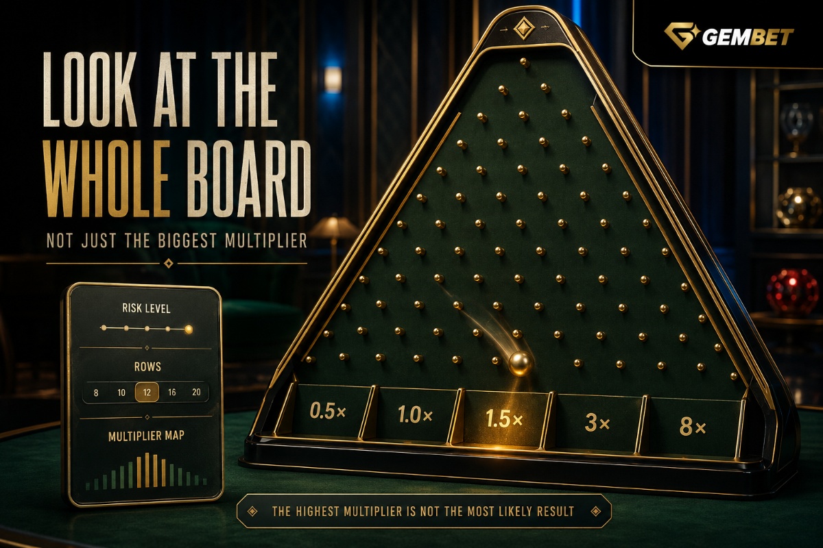 Plinko game on Gembet showing peg board risk level multiplier slots and ball landing