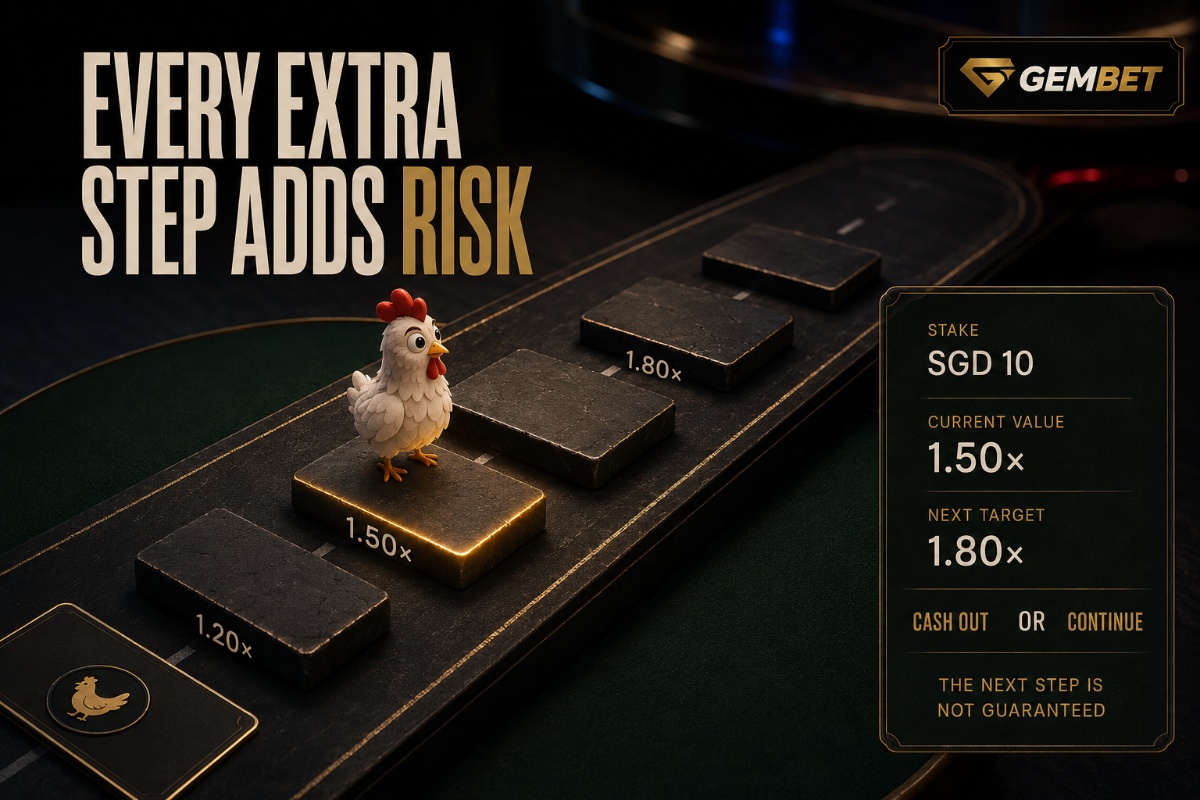 Chicken Road game on Gembet showing current multiplier next step cash out and risk progression