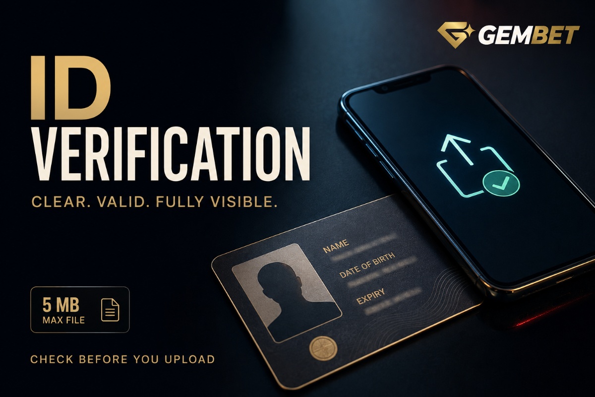 ID Verification guide showing a secure identity document upload for a Gembet account