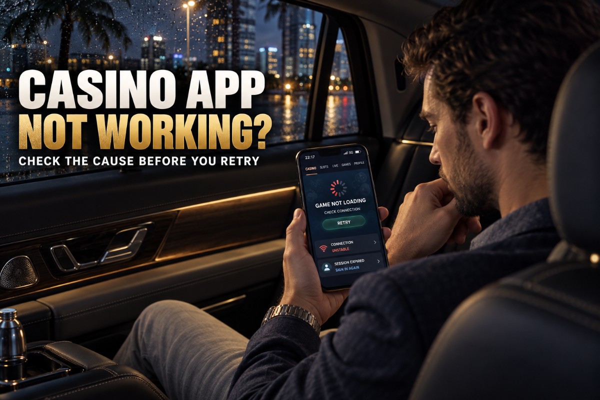 Casino App Not Working guide showing a man troubleshooting a mobile casino error
