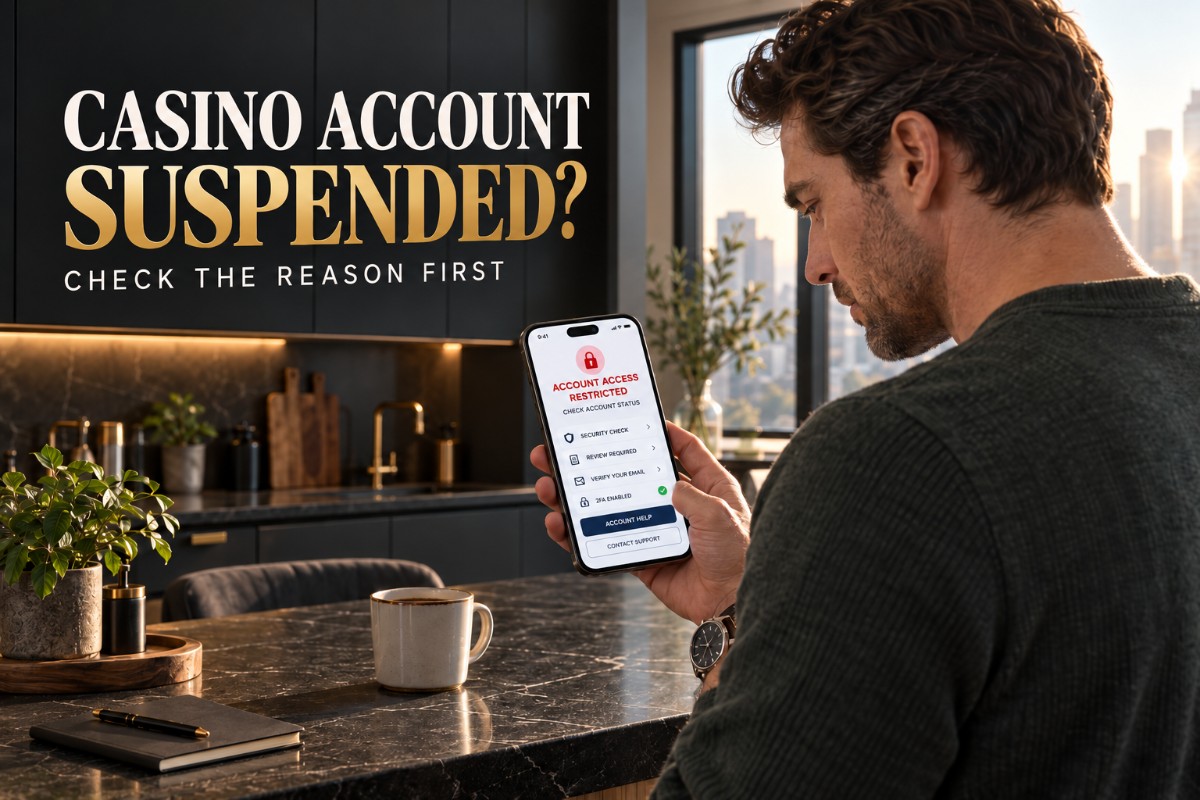 Casino Account Suspended guide showing a man checking an account restriction on his smartphone